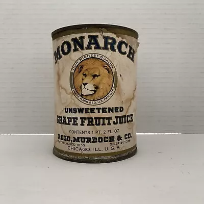 Vintage Monarch Grape Fruit Juice 1Pt 2Oz Tin Can Paper Label Lion Graphics • $14.99