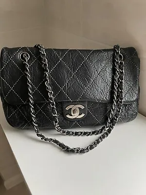 Chanel Aged Black Classic Flap Shoulder Bag Vintage- Contrast Beige Cross Stitch • £2200