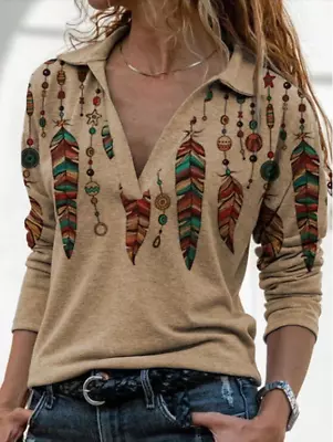 $29.55 • Buy Retro Long-sleeved Printed V-neck Shirt Sweater For Womens Top
