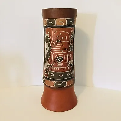 Vintage Mayan Inspired Incised Mexican Art Pottery Terra Cotta Vase 11  • $29.99