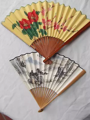 Vintage Lot 2 Paper Hand Held Fans 10.5in 12in Bamboo Chinese Korean Japanese ? • $24.98