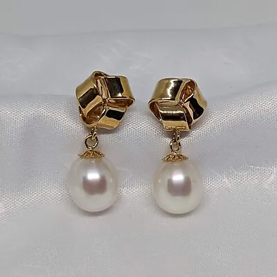 HonoraGold Cultured Pearl 8 Mm Knot Design Earrings 14K Yellow Gold NEW QVC • £137.83