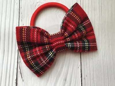 3” Red Tartan Check Fabric Bow Hair Elastic Band Ponytail Tie Bobble Handmade • £4.49