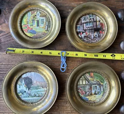 Vintage Solid Brass Foil Art Made In England Wall Hanging Picture Plates - Set 4 • $9