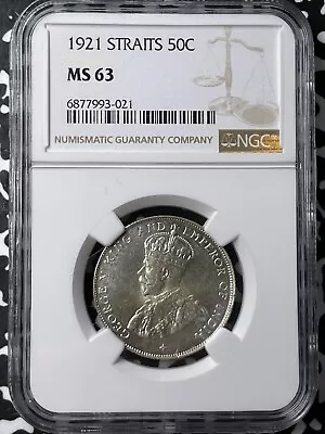 1921 Straits Settlements 50 Cents NGC MS63 Lot#G7058 Silver! Choice UNC! • $90