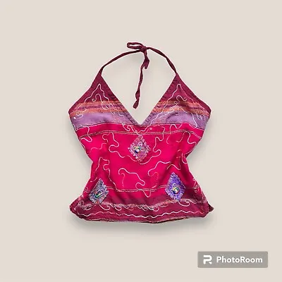 ✌🏻🌞 Vintage Y2k Bohemian Embroidered Hot Pink Halter Tank Top Size Medium • $35