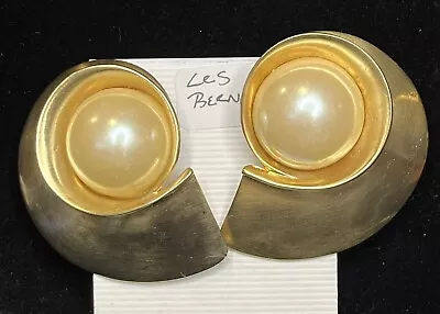2” Vintage 1990'S LES BERNARD SIGNED CHUNKY Gold-toned Faux Pearl Clip EARRINGS • $42.88