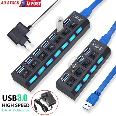 $25.99 • Buy 1-2PCS 4 Port/7 Port 3.0 HUB Powered High Speed Splitter Extender PC AC Adapter