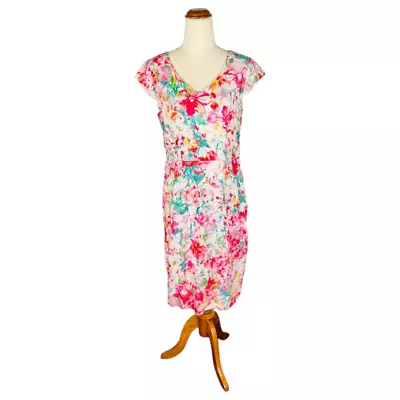 Sportscraft Linen Sheath Dress Size 10 Pink Blue Floral Cap Sleeve Knee Length • $26