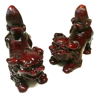 Vintage Chinese Pair Fu Foo Dogs Cinnabar Red Resin • $28.50