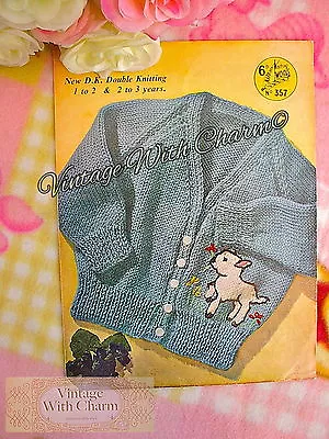 Vintage Knitting Pattern Childs  Lamb' Motif Cardigan. 2 Sizes • £1.99