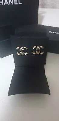 CHANEL Resin Pearl Crystal CC Earrings Gold Black For Pierced Ears (studs) • $850