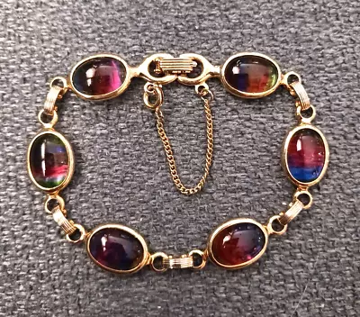 Vintage Signed Sarah Coventry Goldtone Bracelet With Oval Rainbow Stones • $10