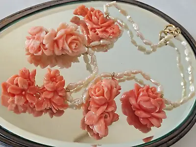 Estate 5 Mediterranean Coral Hand Carved Rose Floral Pearl Necklace • $1850