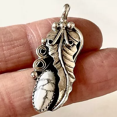 Long Navajo White Buffalo Pendant Sterling 925 Leaf Feather VTG Turquoise Signed • $56.94