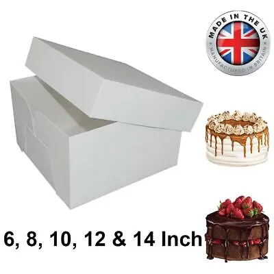 White Cake Box & Lid Stapleless Square 6 8 10 12 & 14 Inch Birthday Wedding • £4.99