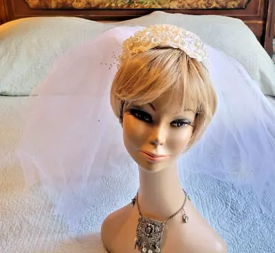 Vintage HOUSE OF BIANCHI Double Tier Wedding Veil With Sequins & Pearls • $25