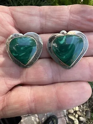 STERLING SILVER HEART SHAPED MALACHITE EARRINGS (MEXICO) Clip On • $23.21