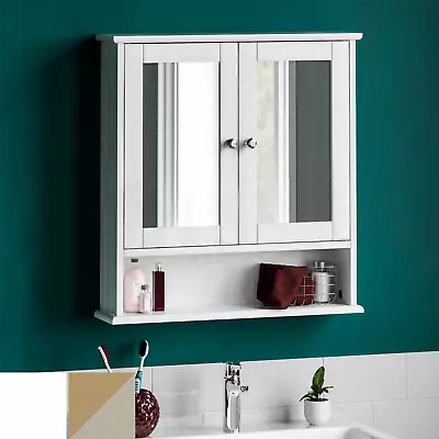 Bathroom Wall Cabinet Storage 2 Door Mirrored Cupboard MDF Shelves Vanity Unit • £30.99