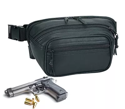 Black Genuine Leather Concealed Carry Weapon Fanny Pack Pistol Gun Waist Bag CCW • $27.82