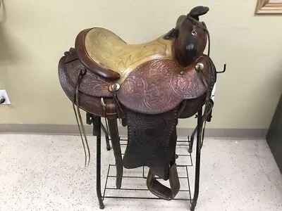 Vintage 15  Traditional Brown Leather Western Saddle With Cream Colored Seat • $125