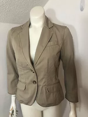 J Crew Chino Womens Small Khaki Blazer Pockets Collar 2 Buttons 3/4 Sleeves • $14.95
