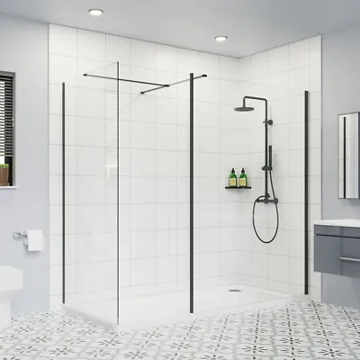 Black Wet Room Shower Enclosure Screen Flipper Panel Walk In Easy Clean Glass • £69.99