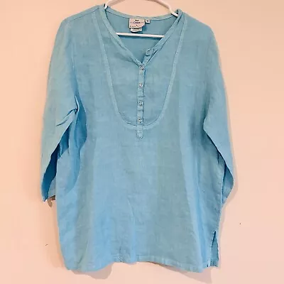 Vtg Hot Cotton By Marc Ware Linen Shirt Turquoise Blue Lagenlook Made USA Sz M • $24