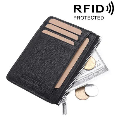 $21.99 • Buy Mens Mini Leather Wallet Slim Small ID Credit Card Holder Coin Purse Zipper RFID