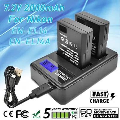 2 X EN-EL14 EN-EL14a Battery & Charger For Nikon D5600 D5500 D5300 D5200 D5100 • $22.99