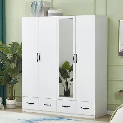 Wood Wardrobe Armoire Storage Cabinet W/ Mirror 3/4 Doors White Wardrobe Closet • $403.99