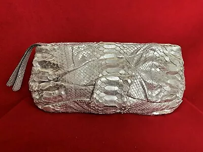 Zagliani Metallic Silver Python Leather Oversized Clutch Handbag  • $875