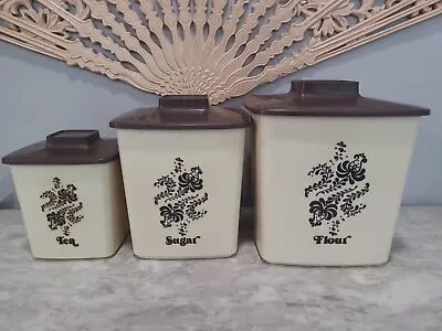 Vintage 3 Piece Cannister Set Flour Sugar Tea Brown Beige Thick Plastic  • $21
