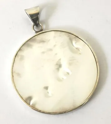 Vtg Modernist Solid 925 Silver MOP Abalone Polished Mother Of Pearl Pendant • £12