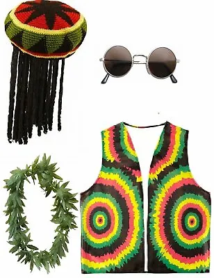 Rasta Jamaican Bob Marley Hat Wig Dreadlocks Glasses Vest Caribbean Fancy Dress • £29.95