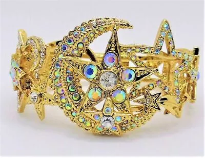 Kirks Folly MOON MAGIC Aurora Borealis Crystal Moon & Stars Bracelet Goldtone • $86