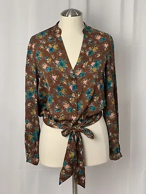 Zara Brown Silky Floral Button Up Tie Blouse S • $12