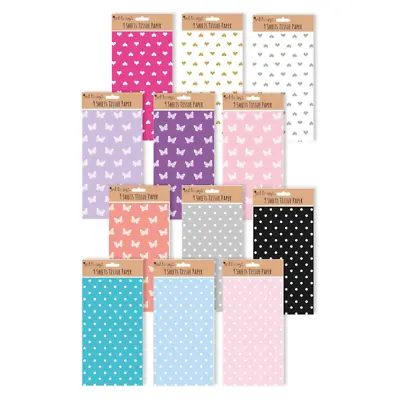 9 X Sheets Tissue Paper Wrapping And Crafting - Spots Butterfly Hearts Colours • £2.89