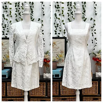 Vintage 90s Mini Dress Jacket Suit Set White Floral Print Scott McClintock S/M • $54.99