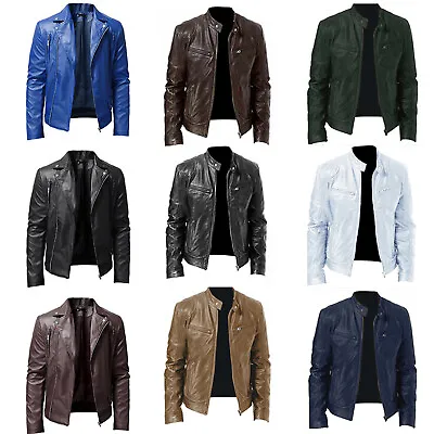 $30.59 • Buy Men Leather Jacket Outerwear Motorcycle Jacket Cardigan Coat Punk Vintage Slim