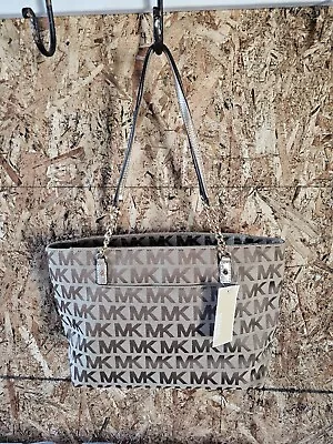 Michael Kors Logo Jacquard Leather Jet Set Chain Item Tote Beige Ebony Gold • $178