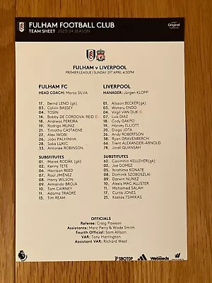 Fulham 2023-2024 Season Home Club Format A5 Colour Team Sheets • £4.99