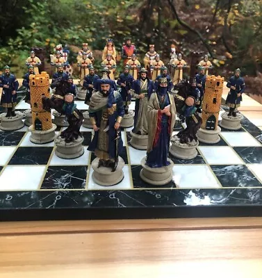 Chess Set Crusaders Chess Pieces Hand Painted Marble Wood Chess Board Gift Idea • $195.50