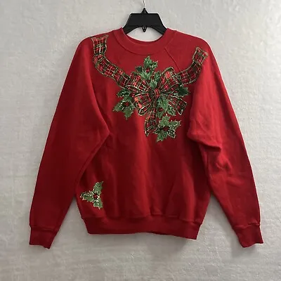 Vtg 90's Tultex Christmas Sweater Woman Medium Geometric Red Long Sleeve Bow • $9