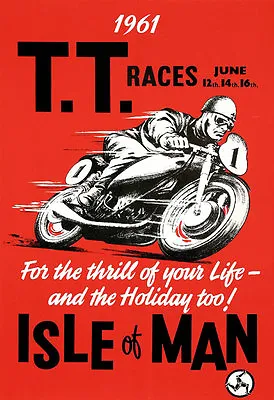 Vintage TT Motorbike Racing Poster 1961 Isle Of Man British Print A3 17 X12  • £7.25
