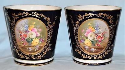 Set Of 2 Antique FRANZ ANTON MEHLEM/ROYAL BONN Gilt Cobalt Porcelain Cache Pots • $349.95