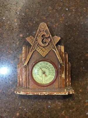 Mid Century MCM Masonic Desk Thermometer Heavy Wood G Carved • $40