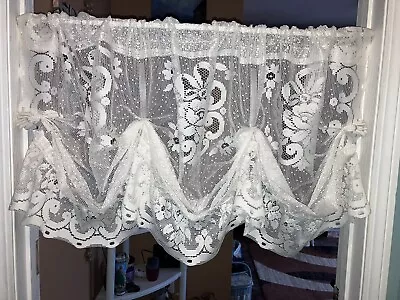 Vintage White Balloon Floral Lace Curtain Valance 56”X 20” • $32