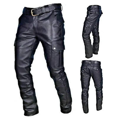 Men's Genuine Leather Pant Jeans Steampunk Gothic Retro Motorbike Pants Trousers • $8.62