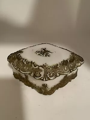 Victorian Milk Glass Trinket Box Vanity Bureau Hand Painted Gold Diamond Shaped • $19.99